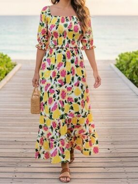 Steve Madden Yellow Maxi Dress with Pink & Green Floral Print